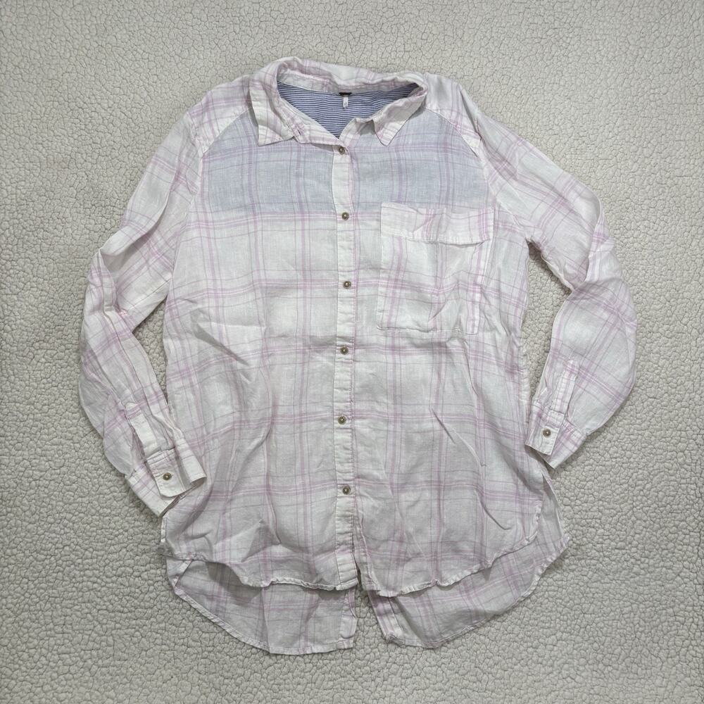 Free‎ People Linen No Limits Plaid Tunic Top Button Up White Pink Blouse Long